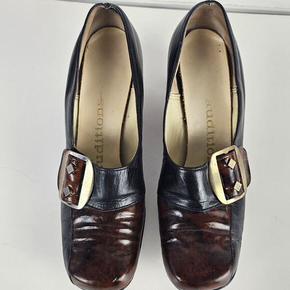 Vtg 1970s two tone leather square toe retro mod block heel pumps shoes 7.5 - Picture 2 of 8
